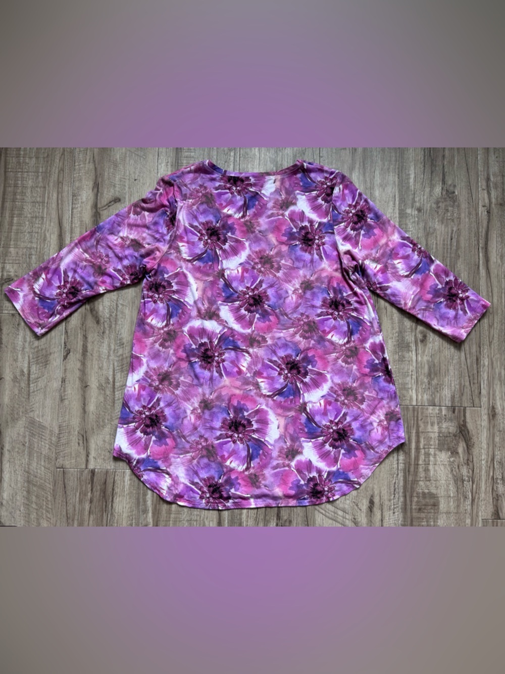Blue Sky floral watercolor flower Women's Pink purple spring Scoop Neck 3/4 Top - Picture 6 of 8